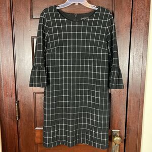 Banana Republic Shift Dress Women's Size 10 Black White Plaid Bell Sleeve Midi